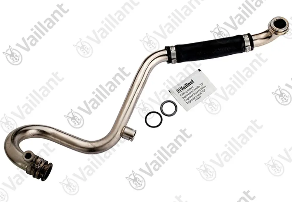 Vaillant Anschlussrohr mit gebogenem Design, zwei Anschlussstellen und Gummibeschichtung für einen sicheren Anschluss. Zubehörteile wie Dichtungsringe sind inkludiert.